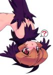  1girl ? brown_hair flat_chest head_wings monster_girl navel nipples original parted_lips red_eyes ruuen_rouga scan short_hair simple_background solo spoken_question_mark upside-down white_background 