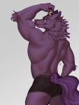  3:4 anthro back_muscles back_pose bathym blep butt canid canine canis clothing demon flexing fur heizeredd hi_res horn male mammal muscular muscular_anthro muscular_male purple_body purple_fur solo tokyo_afterschool_summoners tongue tongue_out underwear video_games wolf 