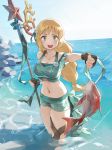  1girl blonde_hair breasts brown_gloves cleavage fingerless_gloves fire_emblem fire_emblem:_three_houses fire_emblem_heroes fish flower gloves green_eyes hair_flower hair_ornament highres holding ingrid_brandl_galatea long_hair midriff open_mouth outdoors polearm solo swimsuit tugo wading water weapon 