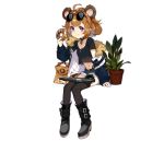  1girl alternate_costume animal_ears bear_ears bear_girl black_choker black_footwear black_legwear black_shirt blue_jacket blue_shorts boots breasts brown_hair choker doughnut eating eyewear_on_head food full_body girls_frontline grizzly_mkv_(girls_frontline) gun handgun jacket looking_at_viewer official_art pistol plant potted_plant purple_eyes realmbw shirt short_hair shorts sitting small_breasts solo sunglasses thighhighs transparent_background weapon younger 