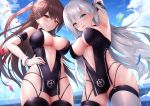  2girls arm_behind_back arm_strap arm_up armpits azur_lane bare_hips black_dress black_legwear blue_eyes blue_sky blunt_ends blush breasts brown_eyes center_opening cleavage cloud commentary_request confetti cowboy_shot day dress earrings eyebrows_visible_through_hair from_below garter_straps hand_on_hip jewelry large_breasts long_hair looking_at_viewer looking_down multiple_girls navel one_side_up outdoors parted_lips revealing_clothes shoukaku_(azur_lane) shoukaku_(sororal_wings)_(azur_lane) sky sleeveless sleeveless_dress smile stomach stud_earrings thighhighs very_long_hair white_legwear wrist_cuffs yuwari_ume zuikaku_(azur_lane) zuikaku_(the_wind&#039;s_true_name)_(azur_lane) 