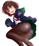  1girl ass bangs blush brown_hair crescent crescent_moon_pin eyebrows_visible_through_hair from_below green_sailor_collar green_skirt highres jacket kantai_collection kurokoshou_(emuburemu123) long_sleeves looking_at_viewer mutsuki_(kantai_collection) open_mouth panties panties_under_pantyhose pantyhose red_eyes red_neckwear remodel_(kantai_collection) sailor_collar school_uniform serafuku short_hair simple_background skirt sleeves_past_wrists soles solo underwear v-shaped_eyebrows 