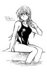  1girl 203wolves alternate_costume bangs breasts closed_mouth collarbone competition_swimsuit graphite_(medium) greyscale hair_between_eyes hand_in_hair highres long_hair looking_at_viewer medium_breasts monochrome one-piece_swimsuit pool simple_background sitting sketch smile soaking_feet solo straight_hair swimsuit tenjouin_asuka traditional_media twitter_username very_long_hair white_background yuu-gi-ou yuu-gi-ou_gx 