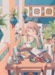  1girl apple aqua_eyes bangs book braid brown_hair cat clea drink earrings food fruit grapes green_shirt holding_drink indoors jewelry leaf long_hair long_sleeves milk_carton open_book original plate shirt sitting solo table white_bag 