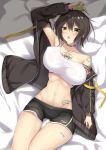  1girl :o ahoge arm_tattoo arm_up armpits azur_lane ball baltimore_(azur_lane) baltimore_(black_ace)_(azur_lane) bandaid bandaid_on_leg bangs bare_shoulders bed_sheet black_choker black_jacket black_shorts blush braid breasts brown_hair chest_tattoo choker collarbone commentary_request covered_nipples cowboy_shot eyebrows_visible_through_hair flower_tattoo french_braid groin hair_between_eyes holding holding_ball jacket kirisaki_idumi large_breasts long_sleeves looking_at_viewer lying midriff navel off-shoulder_jacket on_back on_bed open_clothes open_jacket open_mouth see-through short_hair short_shorts shorts shoulder_tattoo sidelocks solo sports_bra stomach_tattoo tattoo taut_clothes tennis_ball unaligned_breasts wet_bra white_sports_bra yellow_eyes 