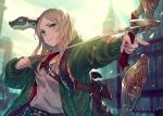  1girl arrow_(projectile) bag belt blonde_hair blurry blurry_background bow bow_(weapon) creature_on_shoulder dragon drawing_bow green_eyes green_jacket highres holding holding_weapon jacket kusano_shinta original sky weapon 
