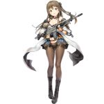  1girl anmi assault_rifle bangs bare_shoulders black_footwear black_panties blush boots breasts brown_eyes brown_hair cleavage collarbone cross-laced_footwear daewoo_k2 eyebrows_visible_through_hair fingerless_gloves full_body girls_frontline gloves gun hair_ornament hairclip holding jacket k-2_(girls_frontline) knee_boots korean_text lace-up_boots logo long_hair looking_at_viewer medium_breasts navel official_art open_mouth panties pantyhose rifle shadow smile solo standing transparent_background underwear weapon 