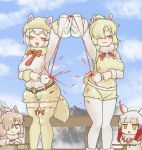  4girls :3 :d alpaca_ears alpaca_huacaya_(kemono_friends) alpaca_suri_(kemono_friends) animal_ear_fluff animal_ears arm_up bangs belt blonde_hair blue_sky blush bow bow_legwear breasts chibi chinese_commentary clapping closed_eyes cloud commentary_request cup day decantering dirty dirty_clothes dual_persona ears_through_headwear empty_eyes eyebrows_visible_through_hair failure feet_out_of_frame fur_collar gradient_hair grey_eyes hair_over_one_eye hat head_wings japanese_crested_ibis_(kemono_friends) kemono_friends large_breasts legwear_under_shorts long_sleeves miji_doujing_daile mountain multicolored_hair multiple_girls o-ring_belt open_mouth outdoors pantyhose pouring railing red_bow red_hair shirt short_hair short_shorts shorts sky smile standing sweatdrop tea teapot thighhighs vest white_legwear white_shirt yellow_eyes yellow_legwear yellow_shorts yellow_vest you&#039;re_doing_it_wrong 