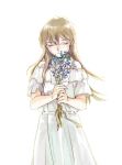  1girl 203wolves bangs blue_flower bouquet brown_hair closed_eyes dress facing_viewer flower hair_between_eyes holding holding_bouquet long_hair off-shoulder_dress off_shoulder shiny shiny_hair short_sleeves simple_background solo standing straight_hair tenjouin_asuka very_long_hair white_background white_dress yuu-gi-ou yuu-gi-ou_gx 