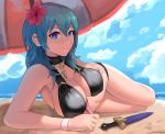  1girl beach beach_umbrella blue_sky byleth_(fire_emblem) byleth_(fire_emblem)_(female) closed_mouth cloud dagger day fire_emblem fire_emblem:_three_houses fire_emblem_heroes flower hair_flower hair_ornament highres lying on_side outdoors sheath sheathed sky solo spiffydc umbrella water weapon 