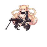  1girl :o bangs belt bipod black_legwear blonde_hair blush breasts brown_gloves chestnut_mouth cleavage damaged double_bun elbow_gloves full_body girls_frontline gloves gun hair_between_eyes hk23 hk23_(girls_frontline) holding holding_gun holding_weapon holster jacket large_breasts long_hair long_sleeves looking_at_viewer machine_gun miniskirt official_art open_mouth purple_eyes rain_lan seiza shadow sitting skirt sleeves_past_wrists solo tareme thigh_holster thighhighs torn_clothes torn_legwear torn_skirt transparent_background very_long_hair weapon zettai_ryouiki 