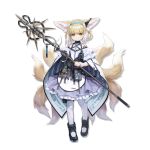  1girl animal_ears apron arknights bangs bare_shoulders black_footwear black_gloves blonde_hair blue_hairband fox_ears fox_tail full_body gloves green_eyes grey_legwear grey_skirt hair_rings hairband holding holding_staff looking_at_viewer multicolored_hair multiple_tails official_art ore_lesion_(arknights) pantyhose petticoat pouch sho_(sho_lwlw) shoes short_hair single_glove skirt smile solo staff standing suzuran_(arknights) tail transparent_background waist_apron white_apron white_hair wrist_cuffs 