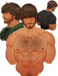  1boy abs bangs bara beard biceps body_hair brown_hair carlos_oliveira chest collage cropped_torso eyebrows_visible_through_hair facial_hair from_behind from_side looking_at_viewer male_focus manly muscle mustache nipples owowowo_e pectorals resident_evil resident_evil_3 shirt simple_background solo upper_body 