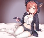  1girl :q animal_ears animal_hood azur_lane bangs bed_sheet black_jacket blush breasts cat_ears cat_girl cat_hood cat_tail cleavage collarbone commentary_request crop_top crop_top_overhang eyebrows_visible_through_hair finger_to_chin full_body grey_background grey_choker grey_shorts groin hair_between_eyes highres hood hood_up hooded_jacket i-19_(azur_lane) i-19_(pillowy_paradise)_(azur_lane) ichiyo_tsuyu_(glacia_glagla) jacket large_breasts long_hair long_sleeves looking_at_viewer loungewear midriff navel on_bed open_clothes open_jacket red_eyes red_hair ribbon shadow shorts sidelocks simple_background sitting sleeves_past_fingers sleeves_past_wrists smile solo tail tail_ribbon thighhighs tongue tongue_out white_camisole white_legwear yokozuwari 