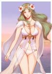 1girl bangs breasts cape cleavage closed_mouth collarbone fire_emblem fire_emblem:_three_houses fire_emblem_heroes flower green_eyes green_hair hair_flower hair_ornament highres large_breasts long_hair looking_at_viewer rhea_(fire_emblem) smile swimsuit tsukiyumi 