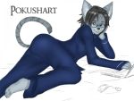  4:3 anthro arm_support barefoot black_hair blue_glasses cellphone claws clothing computer domestic_cat eyewear felicia_banks felid feline felis female fur glasses grey_body grey_fur hair laptop leaning_on_elbow lying mammal mice_tea pajamas phone pokushart solo tabby_cat 