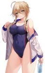  1girl artoria_pendragon_(all) artoria_pendragon_(lancer) blonde_hair bottle breasts competition_swimsuit cowboy_shot fate/grand_order fate_(series) green_eyes harimoji head_tilt jacket large_breasts looking_at_viewer one-piece_swimsuit purple_swimsuit simple_background solo standing swimsuit tied_hair white_background white_jacket 
