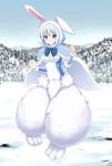  1girl animal_ears blue_bow blue_eyes blue_hair bow breasts bunny_ears bunny_girl capelet chinese_commentary commentary_request day ears_through_headwear fluffy full_body fur-trimmed_capelet fur-trimmed_hood fur_trim hood hooded_capelet lee_xianshang looking_at_viewer medium_breasts monster_girl mountain mountainous_horizon original outdoors partial_commentary paws smile snow_bunny solo 