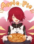  1girl apple_pie arknights closed_eyes english_text exusiai_(arknights) fruit_background hair_over_one_eye halo kazana_(sakuto) oven_mitts red_hair smile tray 