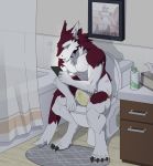  2020 anthro bathroom bodily_fluids cabinet cellphone claws diaper drawer fur genital_fluids hi_res looking_at_phone male phone red_body red_fur rug sergal shower shower_curtain sitting smartphone solo tissue_box toe_claws toilet tuta urine wet_diaper wetting white_body white_fur 