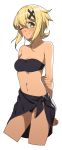  1girl akatsuki_kirika arms_behind_back bikini black_bikini blonde_hair blush breasts cleavage closed_mouth green_eyes hair_ornament looking_at_viewer medium_breasts navel one_eye_closed sarong senki_zesshou_symphogear shiny shiny_hair shiny_skin short_hair simple_background solo standing swimsuit tan tsukamoto_kensuke white_background x_hair_ornament 