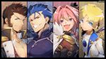  4boys astolfo_(fate) bangs black_border blonde_hair blue_eyes blue_hair border bow braid bright_pupils brown_hair chest cloak collar cu_chulainn_(fate)_(all) earrings epaulettes eyebrows_visible_through_hair facial_hair fang fate/apocrypha fate/grand_order fate/requiem fate/stay_night fate_(series) fgo_moyashi fringe_trim fur-trimmed_cloak fur_collar fur_trim goatee hair_between_eyes hair_bow hair_intakes highres jacket jewelry lancer long_hair looking_at_viewer male_focus military military_uniform multicolored_hair multiple_boys muscle napoleon_bonaparte_(fate/grand_order) open_clothes open_jacket open_mouth open_shirt parted_bangs pectorals pink_hair ponytail purple_eyes red_eyes scar sideburns single_braid smile streaked_hair toned toned_male unbuttoned uniform upper_body voyager_(fate/requiem) white_hair 