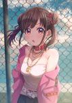  1girl :o bangs bare_shoulders belt blue_sky blush breasts brown_eyes brown_hair chain-link_fence cloud collar collarbone commentary_request day double_bun eyebrows_visible_through_hair fence hair_ornament heart highres idolmaster idolmaster_shiny_colors jacket jewelry large_breasts lock long_hair long_sleeves looking_at_viewer necklace open_mouth outdoors pink_collar pink_jacket red_eyes shirt skirt sky smile solo sonoda_chiyoko soramame_tomu translation_request twintails white_belt 
