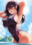  1girl absurdres armpits arms_behind_head bangs black_hair blue_sky blush breasts cloud competition_swimsuit covered_navel covered_nipples hair_between_eyes highres kawai long_hair one-piece_swimsuit open_mouth original purple_eyes sky solo swimsuit teeth 