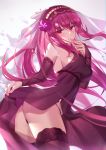  1girl absurdres ass bangs bare_shoulders black_fire_(peter02713) blush breasts cleavage fate/grand_order fate_(series) flower hair_flower hair_ornament highres large_breasts long_hair looking_at_viewer parted_lips ponytail purple_hair red_eyes scathach_(fate)_(all) scathach_(fate/grand_order) thighs veil 