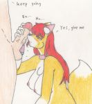  anthro areola big_breasts blush bodily_fluids breasts canid canine colored_pencil_(artwork) duo english_text erection felid female fox genitals hair hi_res human human_on_anthro imjim007 interspecies male male/female mammal nipples nude penis text traditional_media_(artwork) youli 
