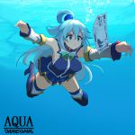  1girl absurdres album_cover aqua_(konosuba) bangs bare_shoulders blue_eyes blue_footwear blue_hair blue_shirt blue_skirt boots bow bowtie breasts breasts_apart closed_mouth cover detached_sleeves green_neckwear hair_between_eyes hair_ornament hair_rings high_heel_boots high_heels highres kono_subarashii_sekai_ni_shukufuku_wo! miniskirt momio money nevermind nirvana_(band) outstretched_arms parody pout shirt skirt sleeveless sleeveless_shirt solo thigh_boots thighhighs thighs unaligned_breasts underwater yen 