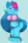  anthro belly big_belly big_breasts blue_body blue_fur boobs_out boobsbreasts breasts canid canine canis digital_media_(artwork) exposed_breasts female foxball fur happy hi_res joly_(kitty_pride) kitty_pride looking_at_viewer mammal nude overweight overweight_anthro overweight_female pink_breasts simple_background solo video_games wolf 