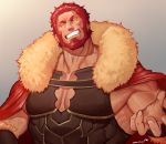  1boy armor bara beard cape chest cleavage_cutout closed_eyes facial_hair facing_viewer fate/grand_order fate/zero fate_(series) fur_collar gradient gradient_background highres iskandar_(fate) leather m0m030m male_focus manly muscle pectorals red_hair shiny shiny_hair smile solo upper_body veins wrinkles 
