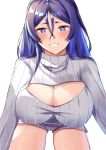  1girl aarc alternate_costume bangs blush breasts cleavage fate/grand_order fate_(series) grin hair_between_eyes heart heart-shaped_pupils highres large_breasts long_hair meme_attire minamoto_no_raikou_(fate/grand_order) open-chest_sweater purple_eyes purple_hair ribbed_sweater short_shorts shorts sidelocks smile sweater symbol-shaped_pupils thighs white_sweater 