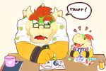  2020 3:2 anthro bowser bowser_jr. clothing drawing duo eyewear glasses hi_res koopa lates mario_bros nintendo overweight scalie shirt simple_background text topwear video_games 