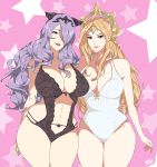  2girls arm_around_waist blonde_hair breasts camilla_(fire_emblem) cleavage crossover fire_emblem fire_emblem_fates hair_over_one_eye highres large_breasts league_of_legends leona_(league_of_legends) long_hair multiple_girls one-piece_swimsuit open_mouth purple_hair r3dfive smile swimsuit tiara very_long_hair wavy_hair 