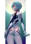  1girl ass ayanami_rei blue_hair bodysuit cowboy_shot from_behind full_moon hairpods highres interface_headset looking_at_viewer looking_back moon neon_genesis_evangelion plugsuit red_eyes short_hair solo standing white_bodysuit yudoufu_(unify) 