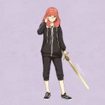  1girl absurdres alternate_costume artist_name bangs black_footwear black_hoodie black_pants celica_(fire_emblem) dakkalot dated earrings english_commentary fire_emblem fire_emblem_echoes:_shadows_of_valentia fire_emblem_heroes glasses gold_hairband hand_on_own_face highres holding holding_sword holding_weapon jewelry looking_at_viewer medium_hair pants red_eyes red_hair solo standing sword track_pants vans weapon 