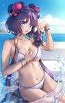  1girl absurdres bangs bikini blue_eyes bracelet breasts cleavage cloud collarbone commentary_request fate/grand_order fate_(series) goggles goggles_on_head hair_tie highres holding jewelry joeychen katsushika_hokusai_(fate/grand_order) katsushika_hokusai_(swimsuit_saber)_(fate) long_hair looking_at_viewer navel open_mouth outdoors purple_hair shiny shiny_hair sitting sky splashing swimsuit teeth tied_hair tongue water white_bikini 