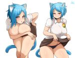  1girl :o animal_ears artist_name black_panties blue_tail blush breasts brown_skirt cat_ears cat_tail covering covering_breasts eyebrows eyebrows_behind_hair highres humanization jmg large_breasts naughty_face nicole_watterson orange_eyes panties short_hair signature simple_background skirt skirt_lift smile tail the_amazing_world_of_gumball thighs underwear whisker_markings white_background 