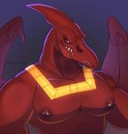  ambiguous_gender anthro bullzeye bust_portrait extreme_dinosaurs hi_res looking_at_viewer membrane_(anatomy) membranous_wings muscular muscular_ambiguous muscular_anthro neckwear nipple_piercing nipples piercing portrait pteranodon pteranodontid pterosaur qwertydragon reptile scalie solo teeth wings 