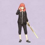  1girl absurdres alternate_costume artist_name bangs black_footwear black_hoodie black_pants celica_(fire_emblem) dakkalot dated earrings english_commentary fire_emblem fire_emblem_echoes:_shadows_of_valentia fire_emblem_heroes gold_hairband hand_on_own_face highres holding holding_sword holding_weapon jewelry looking_at_viewer medium_hair pants red_eyes red_hair solo standing sword track_pants vans weapon 