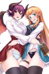  2girls absurdres anne_(shingeki_no_bahamut) black_legwear black_panties blonde_hair blush breasts brown_hair dragon_girl dragon_horns dragon_tail dragon_wings grea_(shingeki_no_bahamut) green_eyes highres horns large_breasts lifted_by_another long_hair looking_at_viewer manaria_friends multiple_girls open_mouth orange_eyes panties shingeki_no_bahamut shiny shiny_hair short_hair simple_background skirt skirt_lift smile standing tail thighhighs tonelico1213 underwear white_background white_panties wings 