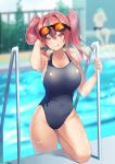  1girl azur_lane bangs bare_shoulders blue_swimsuit blush breasts bremerton_(azur_lane) cleavage collarbone covered_navel goggles goggles_on_head highleg highleg_swimsuit highres large_breasts licking_lips long_hair looking_at_viewer one-piece_swimsuit pink_eyes pink_hair pool poolside shimozuki_shio sidelocks swimsuit thighs tongue tongue_out twintails wet 