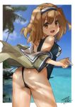  1girl ass blue_sky blue_swimsuit brown_eyes brown_jacket cloud cowboy_shot day from_behind hairband i-26_(kantai_collection) jacket kantai_collection light_brown_hair long_hair looking_at_viewer looking_back namesake one-piece_thong outdoors palm_tree sailor_collar short_sleeves sky solo swimsuit toka_(marchlizard) tree two-tone_hairband two_side_up 