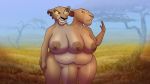  16:9 4k absurd_res anthro belly big_breasts breasts conjoined conjoined_twin conjoined_twins disney duo felid female female/female genitals hi_res lion mammal mature_female mother navel pantherine parent pussy sarabi siamese_twins slightly_chubby stuck_together the_lion_king theyton widescreen zira 