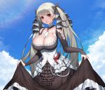  1girl absurdres azur_lane bangs between_breasts black_dress blue_sky blunt_bangs blush breasts cleavage cloud cloudy_sky commentary cowboy_shot day detached_collar dress english_commentary eyebrows_visible_through_hair formidable_(azur_lane) frilled_dress frills hair_ribbon highres large_breasts lips long_hair looking_at_viewer morung outdoors rainbow red_eyes ribbon silver_hair skirt_hold sky solo sunlight twintails white_neckwear 