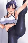  1girl :d arm_up armpits bangs black_hair black_pants blush breasts cleavage commentary_request eyebrows_visible_through_hair highres igarashi_kyouhei indoors large_breasts looking_at_viewer navel open_mouth original pants ponytail purple_eyes round_teeth short_hair_with_long_locks sidelocks skindentation smile solo split sports_bra standing standing_on_one_leg standing_split steaming_body teeth upper_teeth yoga_pants 