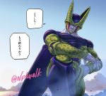  1boy arm_on_knee artist_name cell_(dragon_ball) cloud commentary_request day dragon_ball dragon_ball_z hand_on_hip looking_to_the_side male_focus naomi_(nplusn) outdoors parted_lips perfect_cell pink_eyes sky smile solo speech_bubble teeth translated 