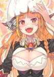  1girl absurdres ahoge bangs blonde_hair blunt_bangs blush bow braid breast_cutout breasts cleavage commentary_request dragon_girl dragon_horns eggshell eyebrows_visible_through_hair highres hololive horn_bow horns jewelry kiryuu_coco large_breasts long_hair looking_at_viewer multicolored_hair necklace open_mouth orange_hair pointy_ears single_braid solo striped striped_bow teeth tonari_no_kai_keruberosu tongue two-tone_hair upper_body virtual_youtuber 